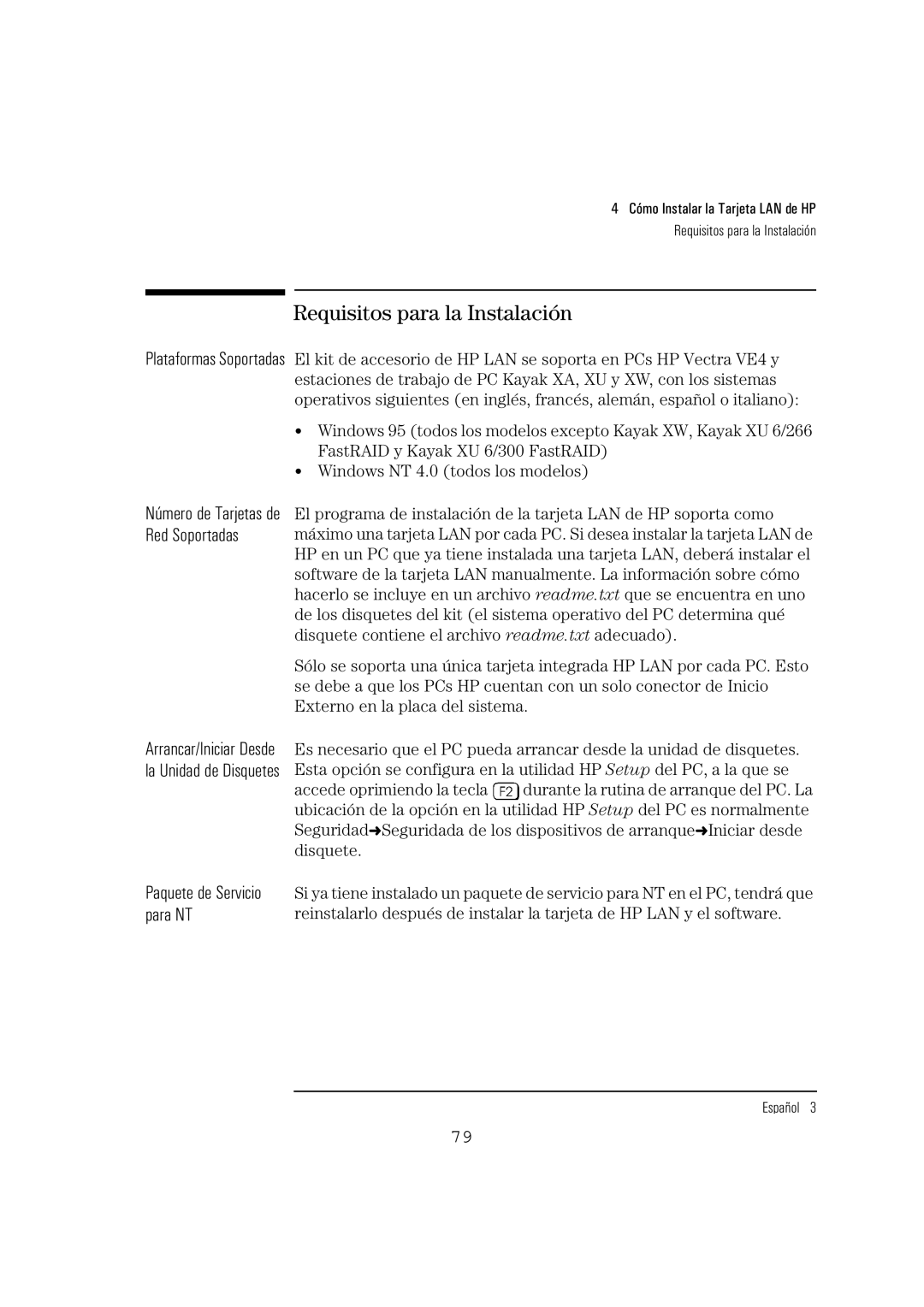 HP 10BT NightDIRER/100 manual Requisitos para la Instalación, Para NT 