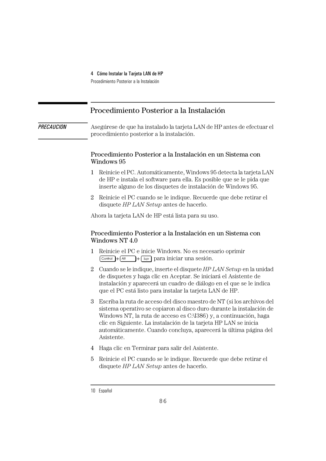 HP 10BT NightDIRER/100 manual Procedimiento Posterior a la Instalación 