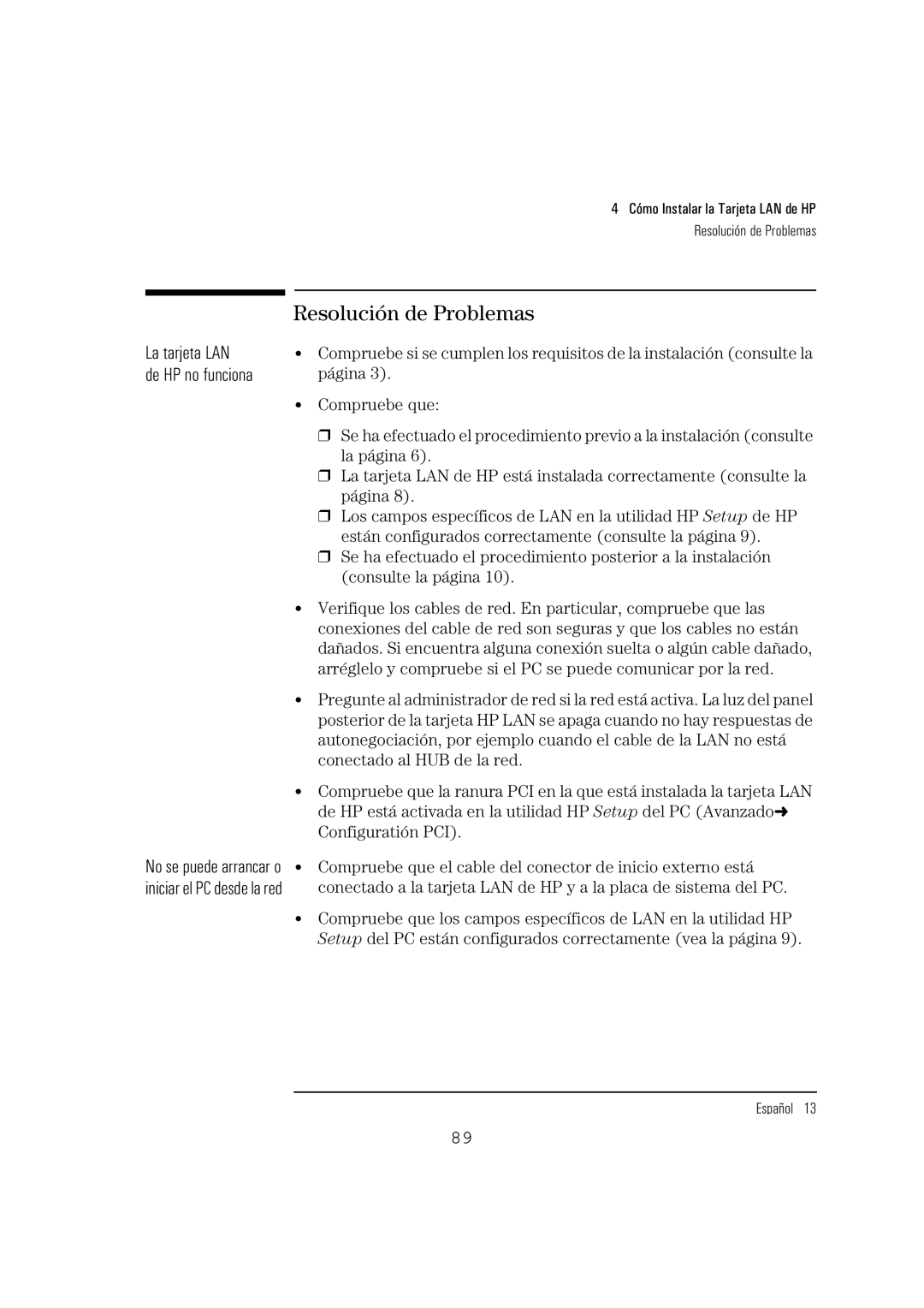 HP 10BT NightDIRER/100 manual Resolución de Problemas, La tarjeta LAN De HP no funciona 