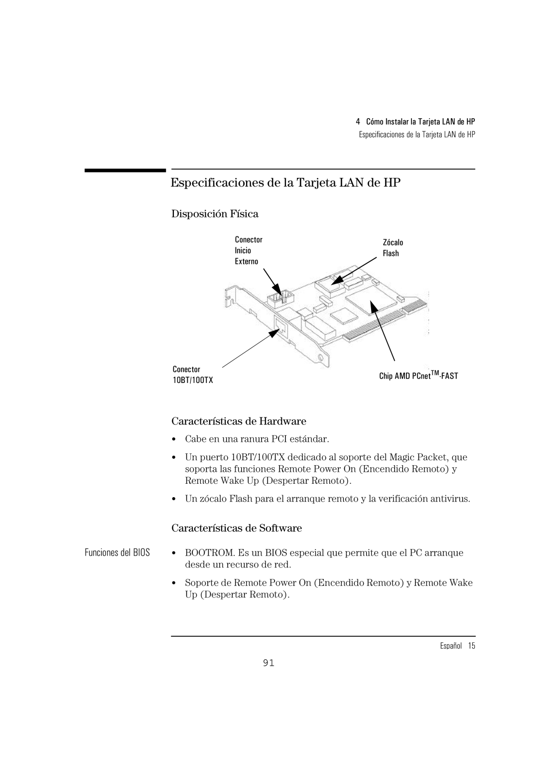 HP 10BT NightDIRER/100 manual Especificaciones de la Tarjeta LAN de HP, Disposición Física, Características de Hardware 