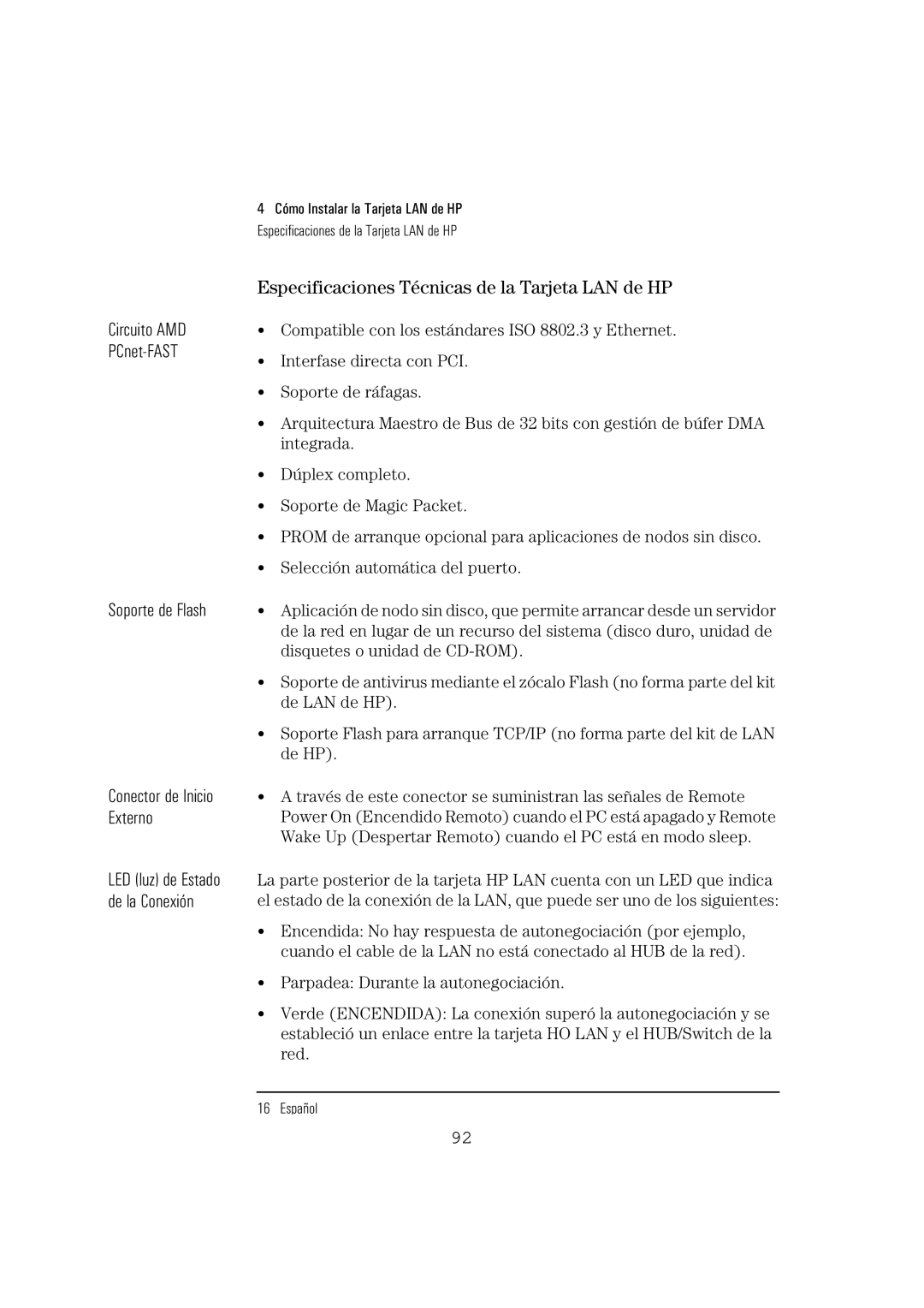 HP 10BT NightDIRER/100 manual Especificaciones Técnicas de la Tarjeta LAN de HP 