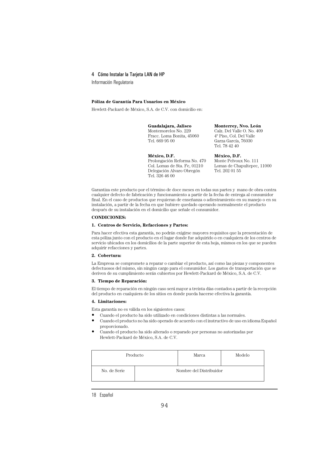 HP 10BT NightDIRER/100 manual Cómo Instalar la Tarjeta LAN de HP Información Regulatoria 