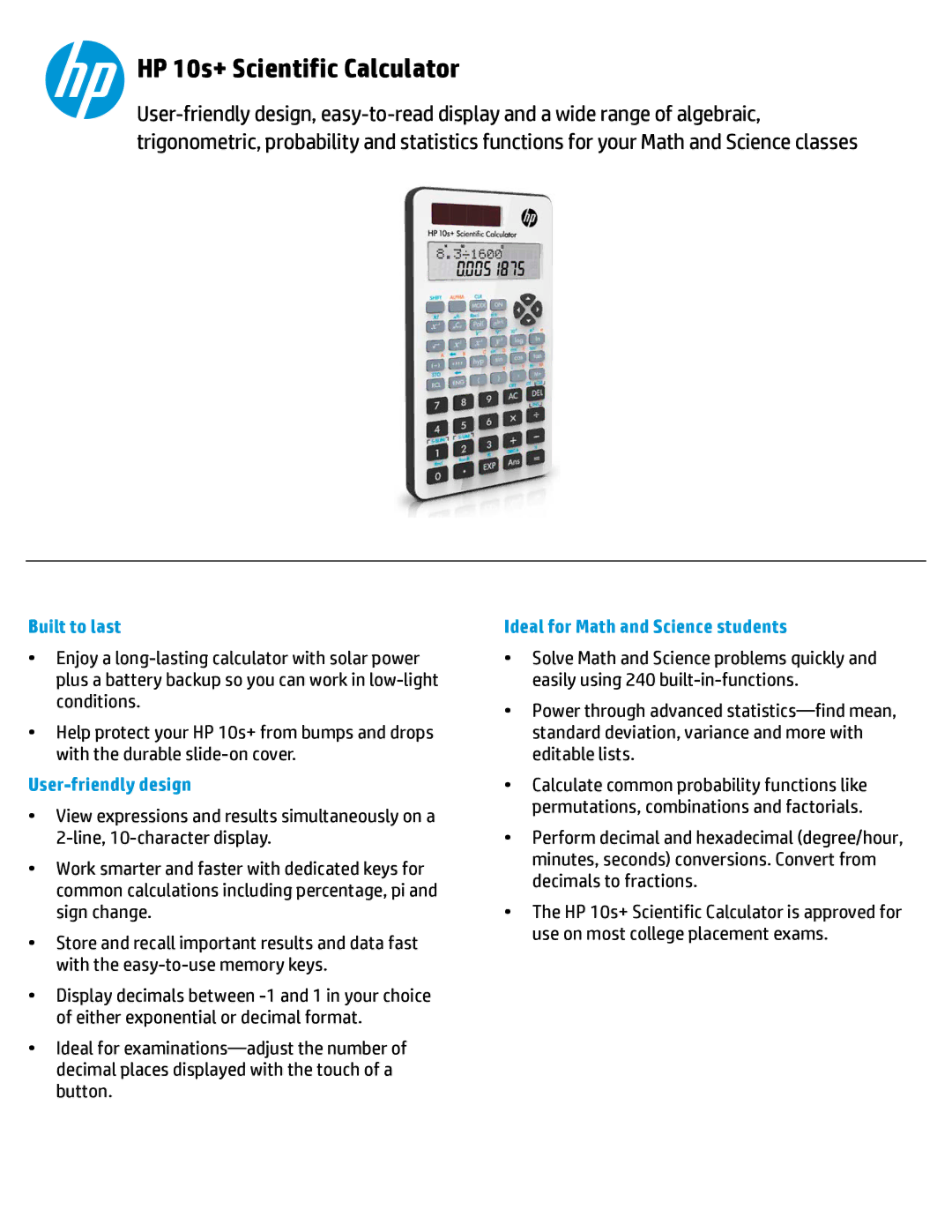 HP manual HP 10s+ Scientific Calculator, Built to last, User-friendly design, Ideal for Math and Science students 