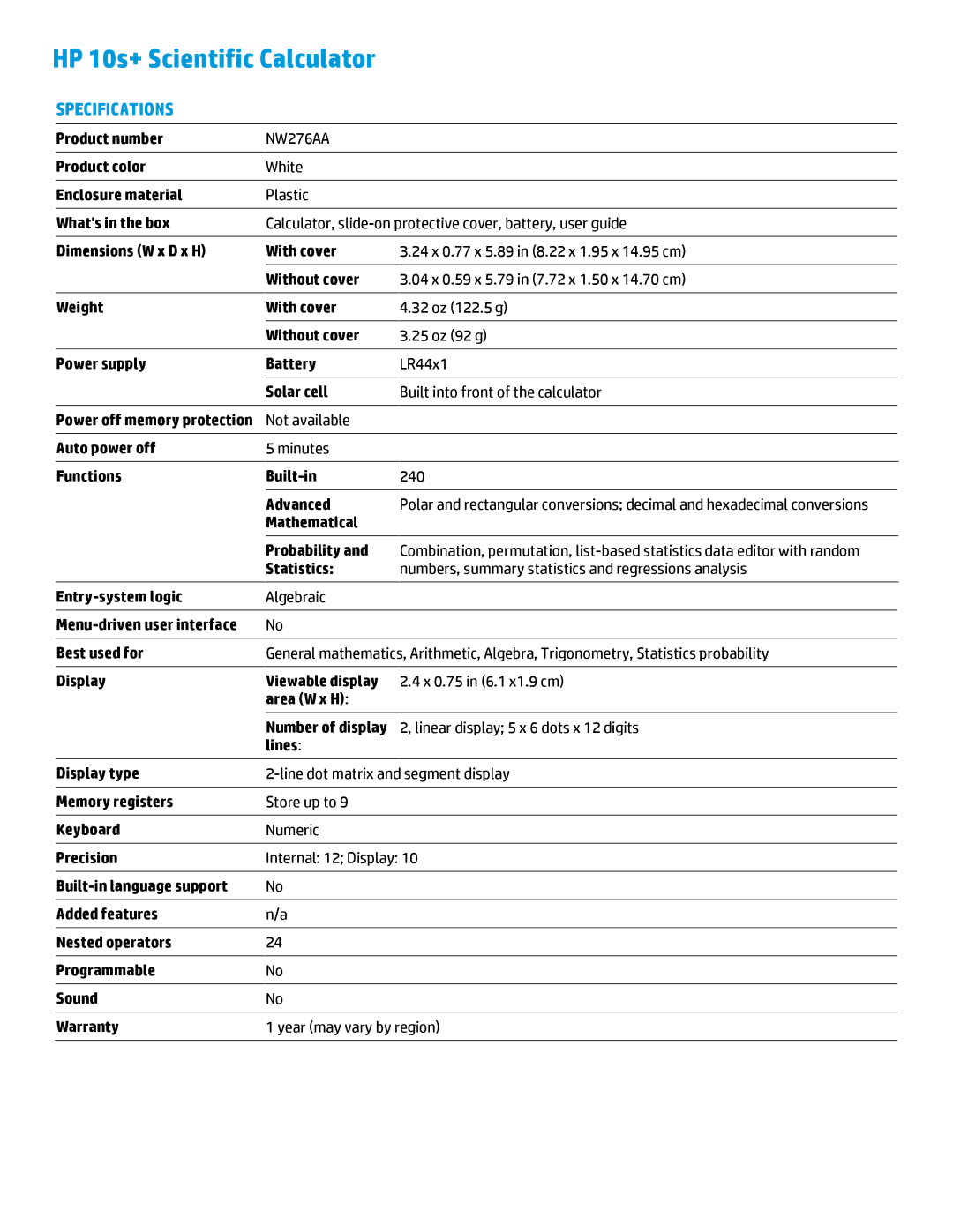 HP manual HP 10s+ Scientific Calculator, Specifications, NW276AA 