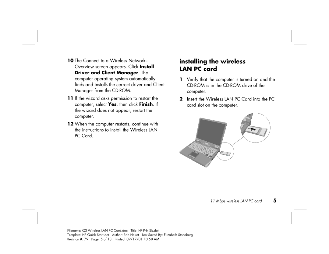 HP 11 Mbps LAN Card hn220w manual Installing the wireless LAN PC card 