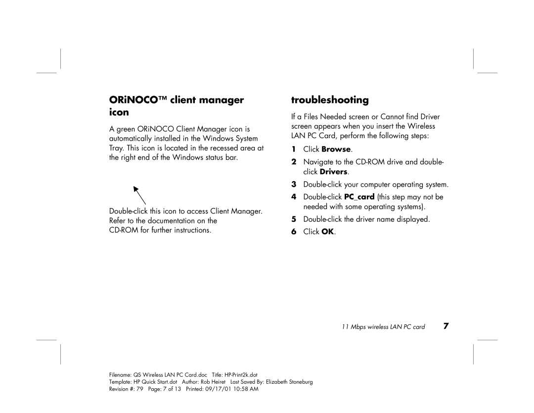 HP 11 Mbps LAN Card hn220w manual ORiNOCO client manager icon, Troubleshooting 