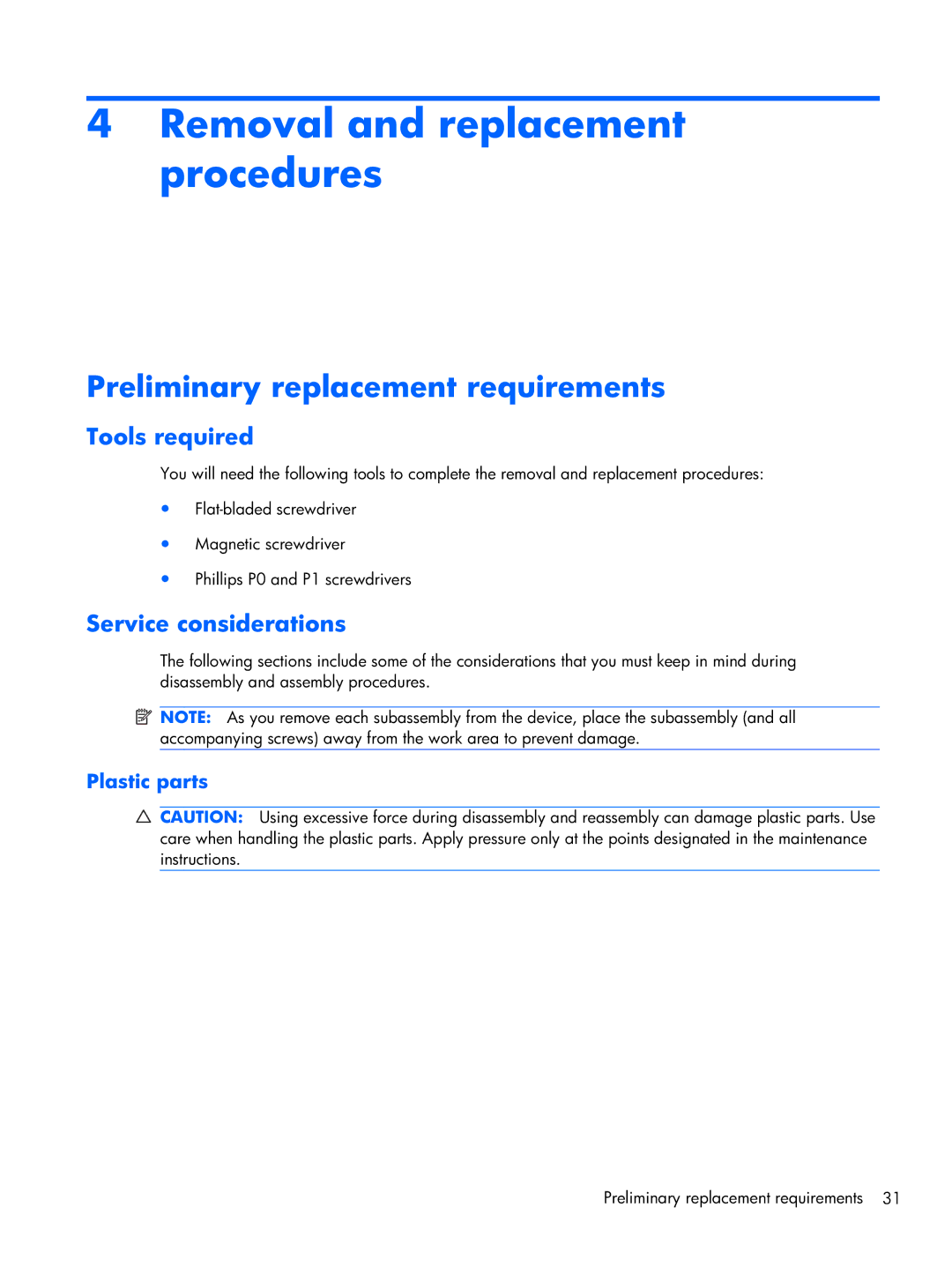 HP 1103130NR manual Removal and replacement procedures, Preliminary replacement requirements, Tools required 