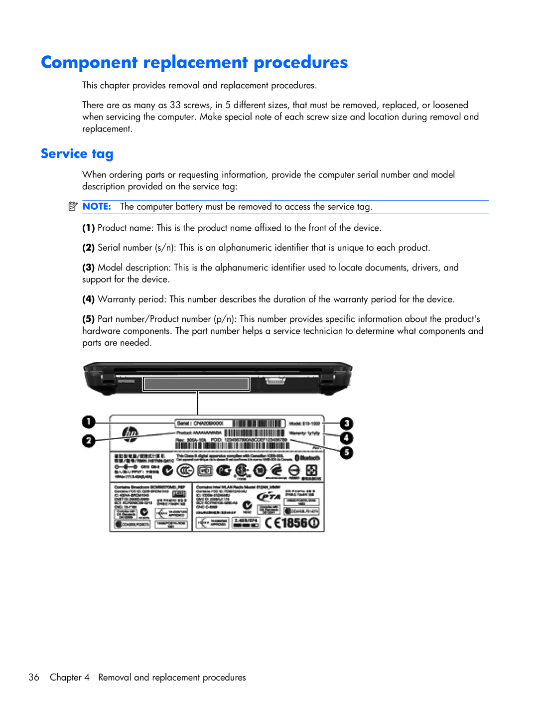 HP 1103130NR manual Component replacement procedures, Service tag 