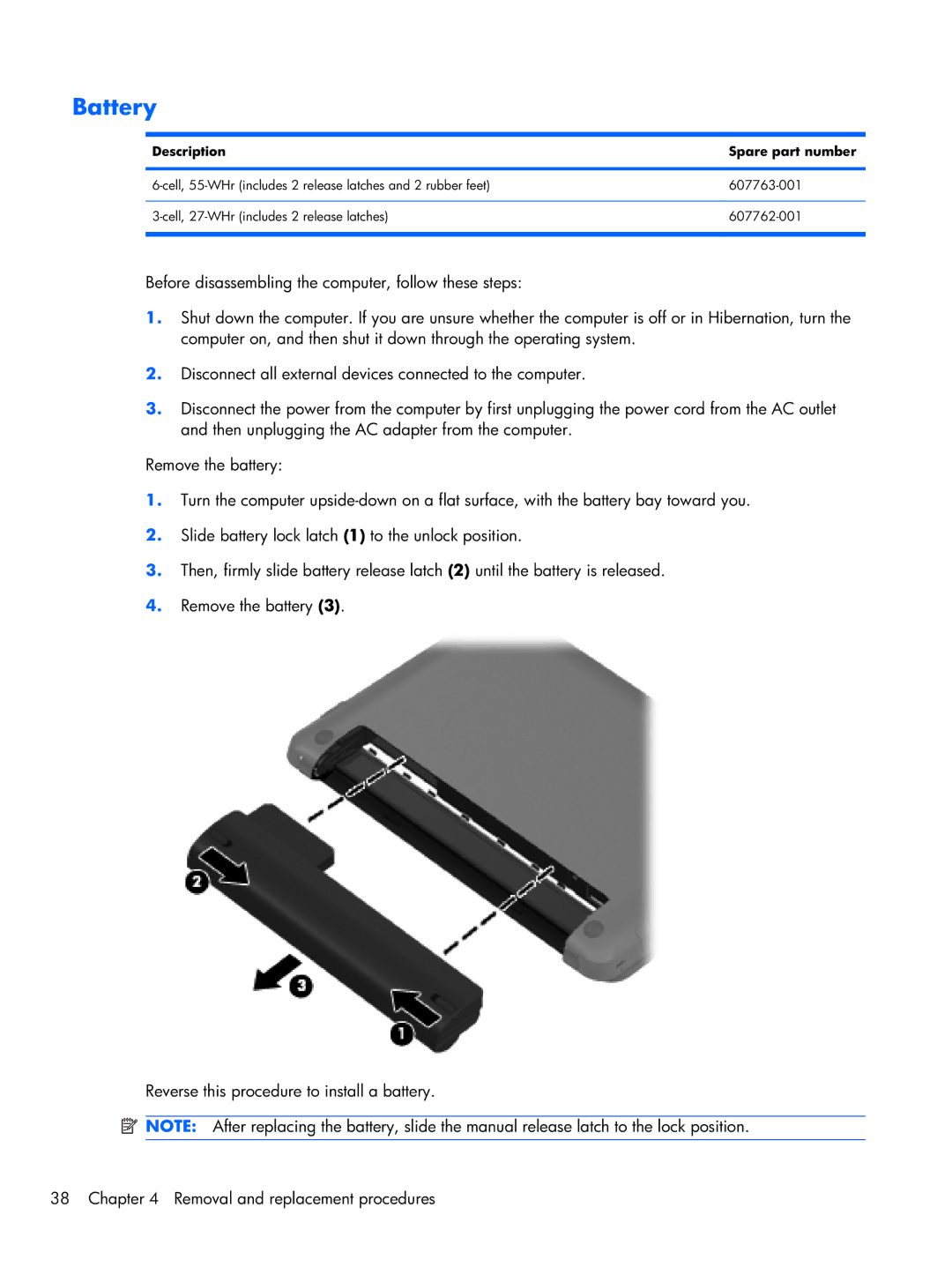 HP 1103130NR manual Battery, Description Spare part number 