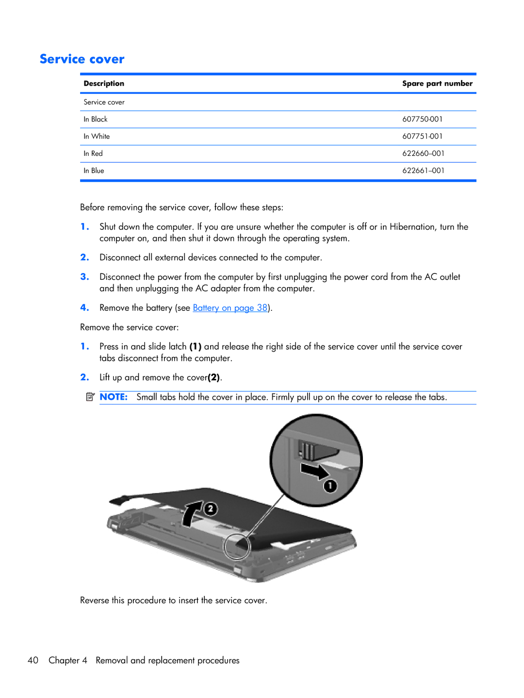 HP 1103130NR manual Service cover 