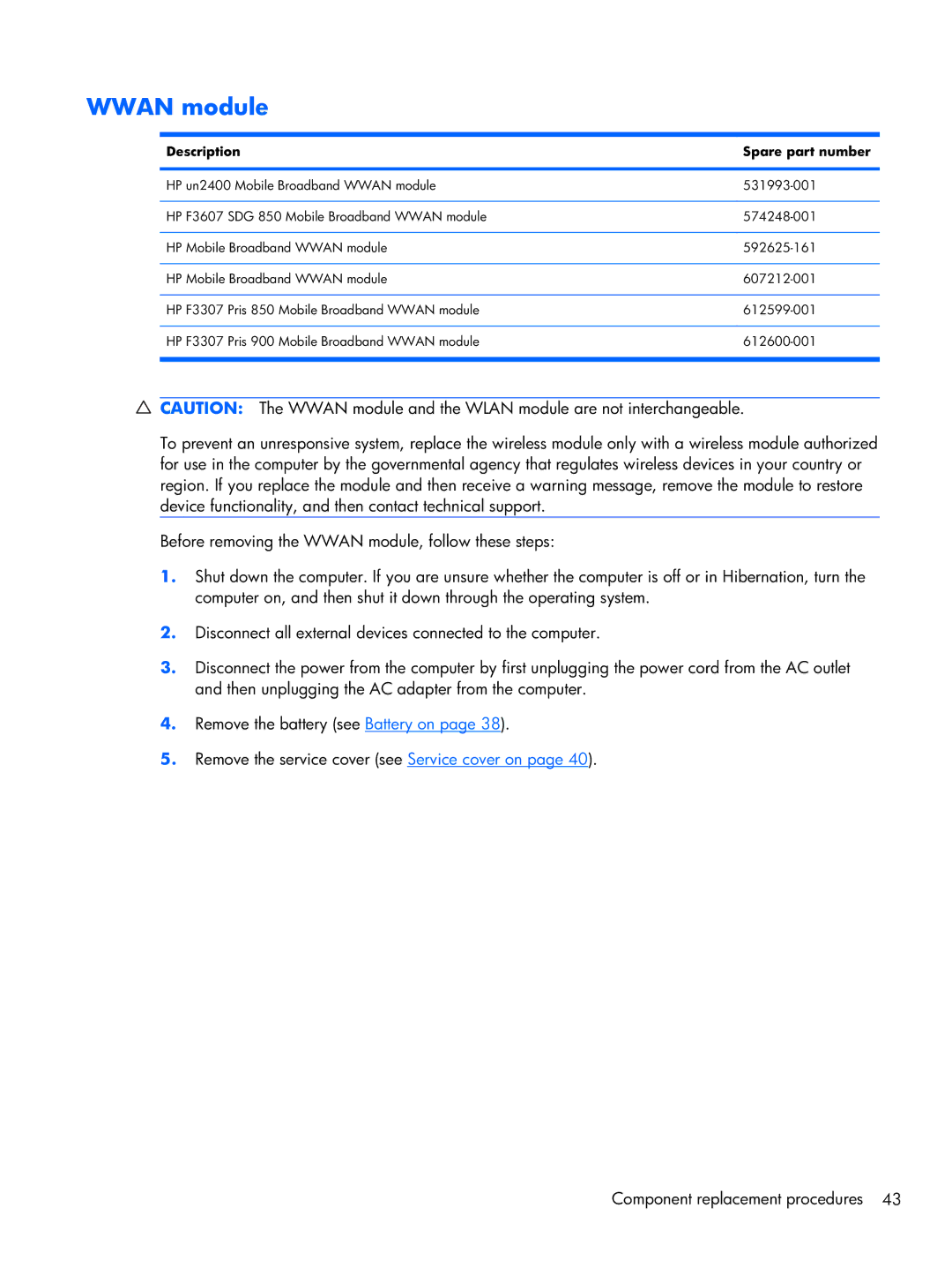 HP 1103130NR manual Wwan module 