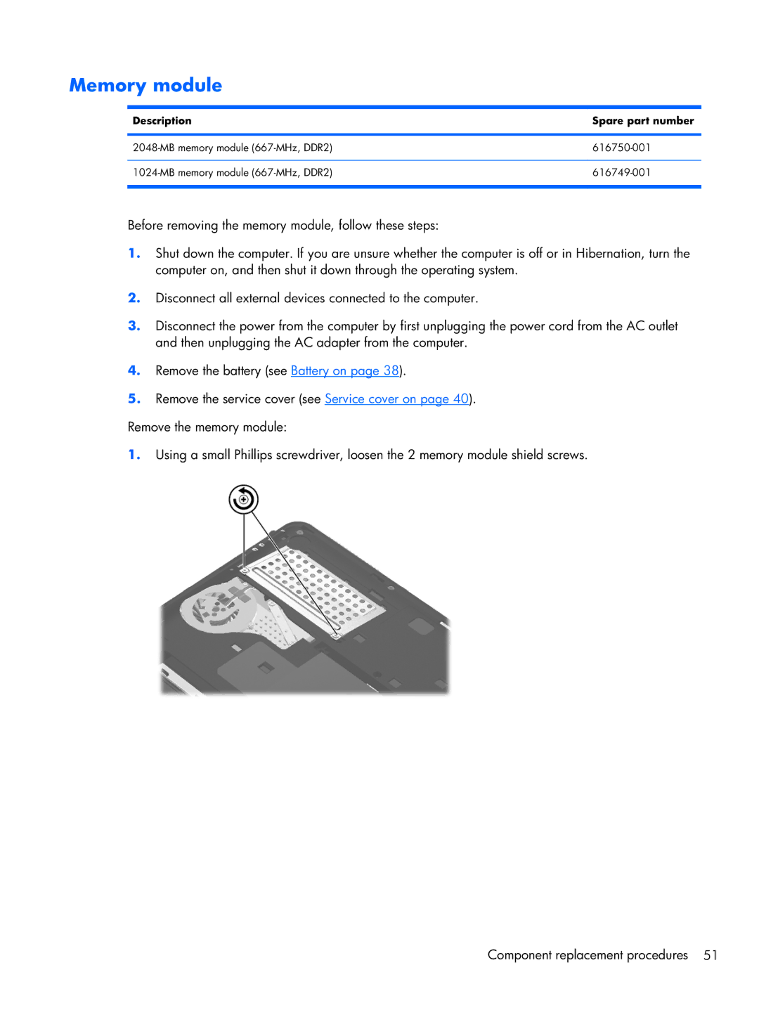 HP 1103130NR manual Memory module, Description Spare part number 