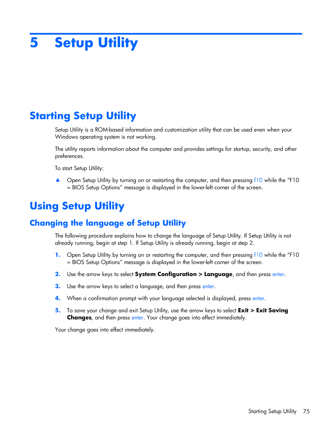 HP 1103130NR manual Starting Setup Utility, Using Setup Utility, Changing the language of Setup Utility 