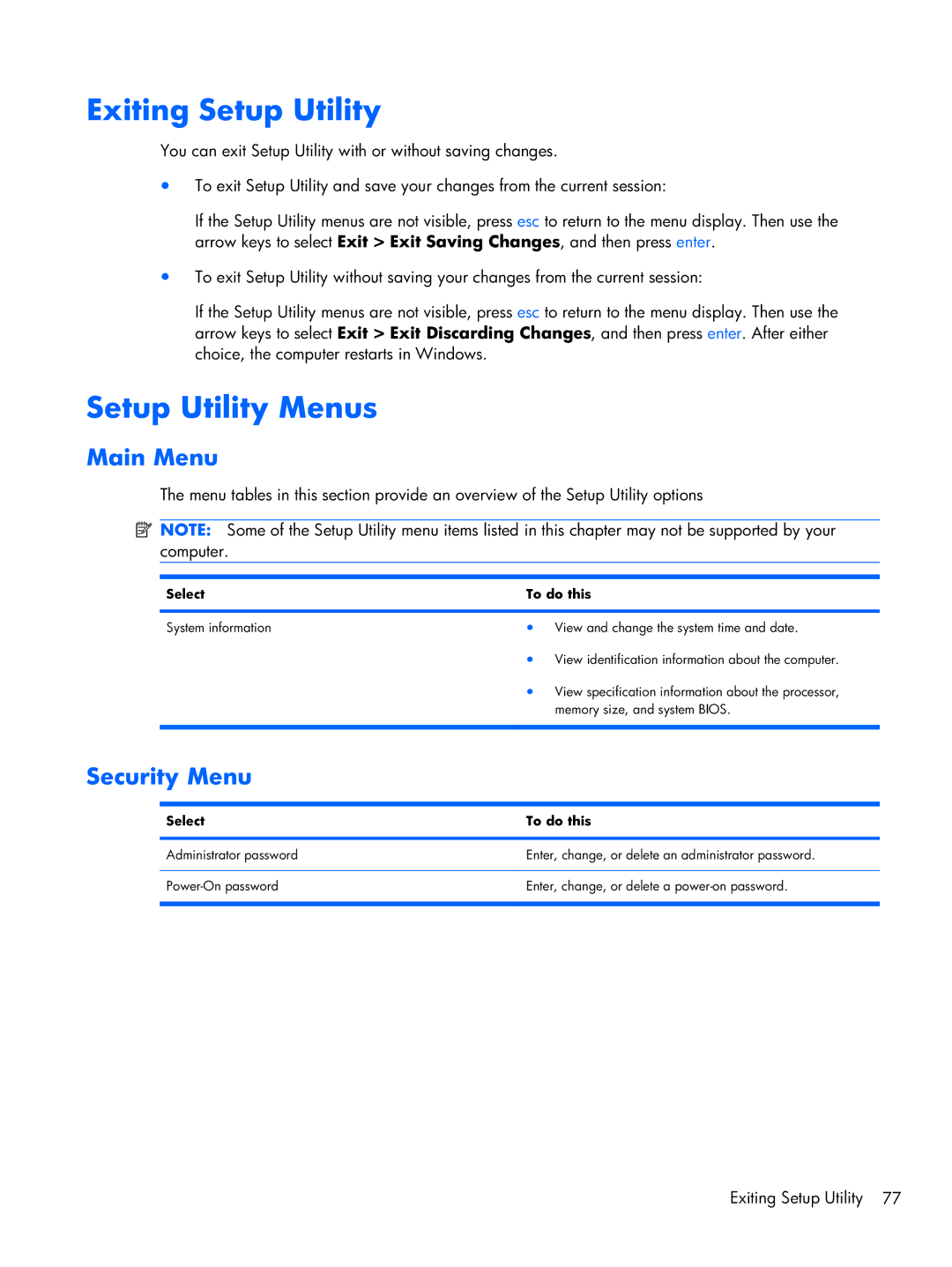 HP 1103130NR manual Exiting Setup Utility, Setup Utility Menus, Main Menu, Security Menu 