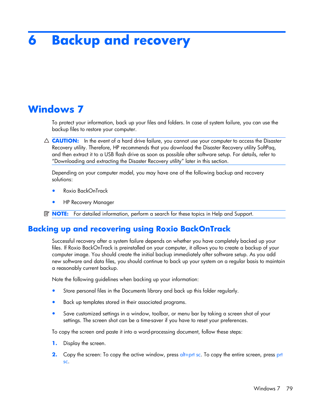 HP 1103130NR manual Backup and recovery, Windows, Backing up and recovering using Roxio BackOnTrack 