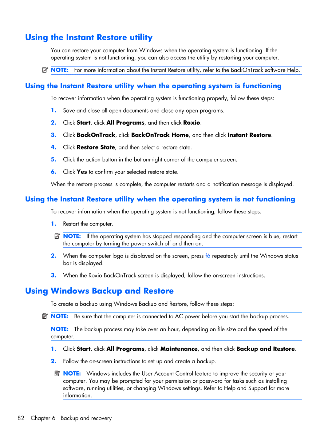 HP 1103130NR manual Using the Instant Restore utility, Using Windows Backup and Restore 