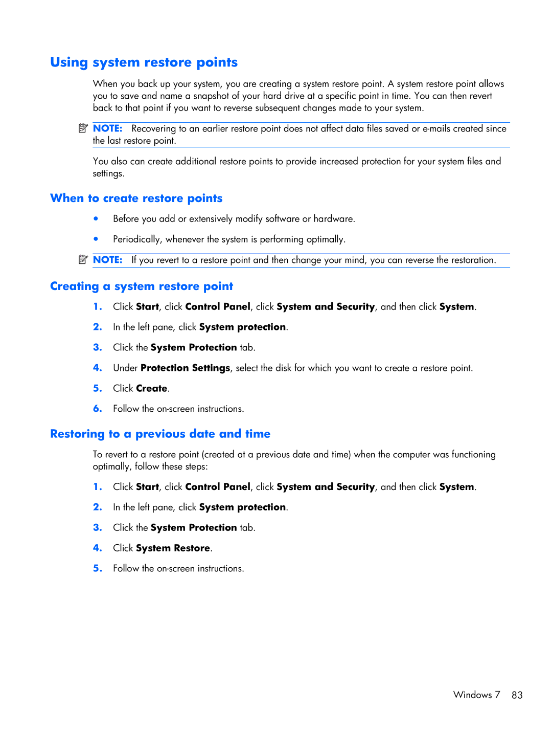 HP 1103130NR manual Using system restore points, When to create restore points 