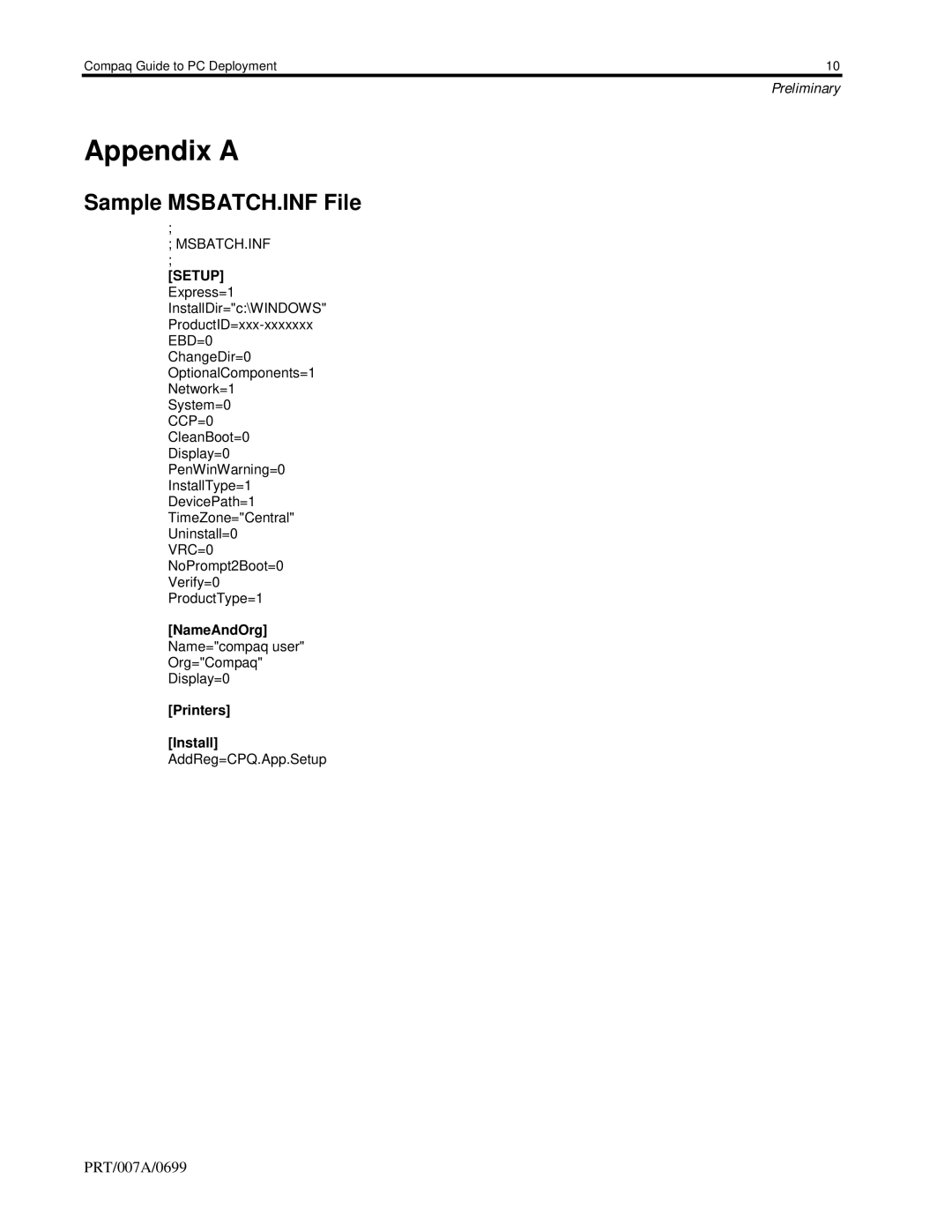 HP 110 manual Appendix a, Sample MSBATCH.INF File 