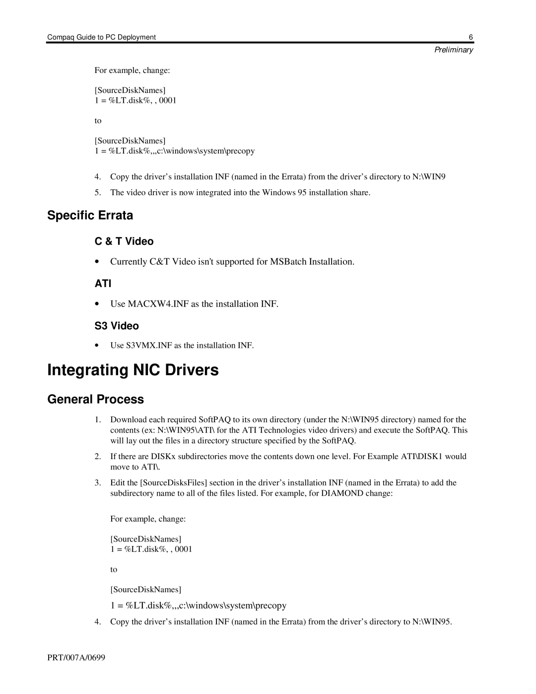 HP 110 manual Integrating NIC Drivers, Specific Errata 