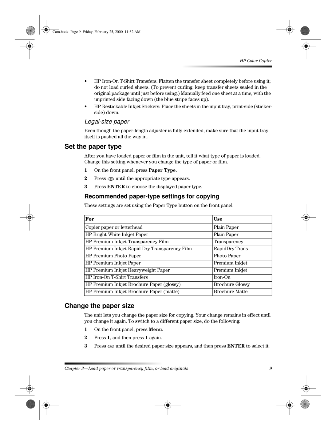 HP 110 manual Set the paper type, Change the paper size, Recommended paper-type settings for copying 