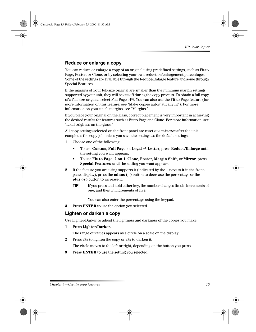 HP 110 manual Reduce or enlarge a copy, Lighten or darken a copy 