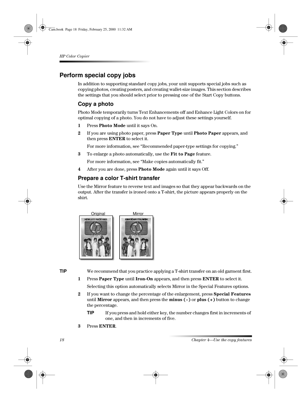 HP 110 manual Perform special copy jobs, Copy a photo, Prepare a color T-shirt transfer 