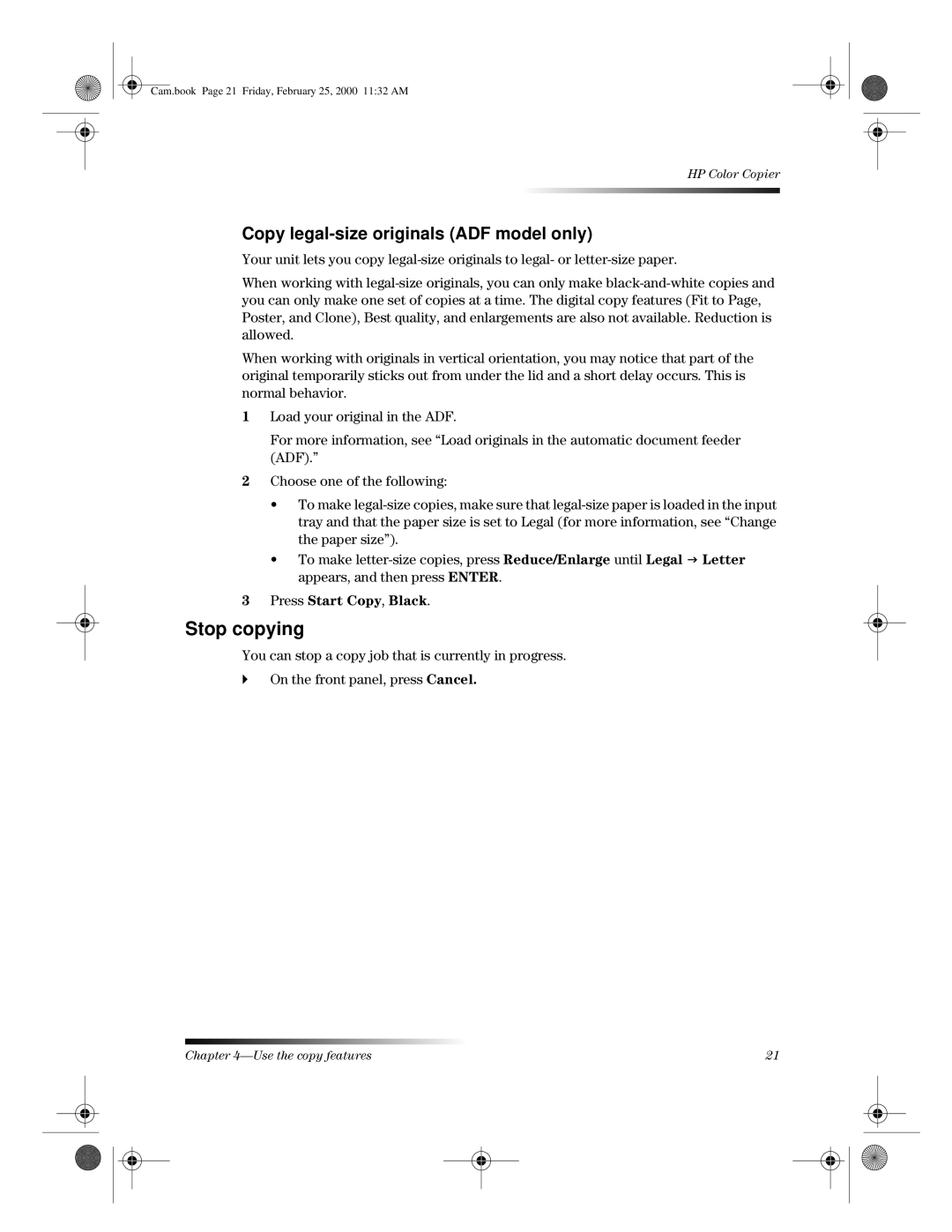 HP 110 manual Stop copying, Copy legal-size originals ADF model only 