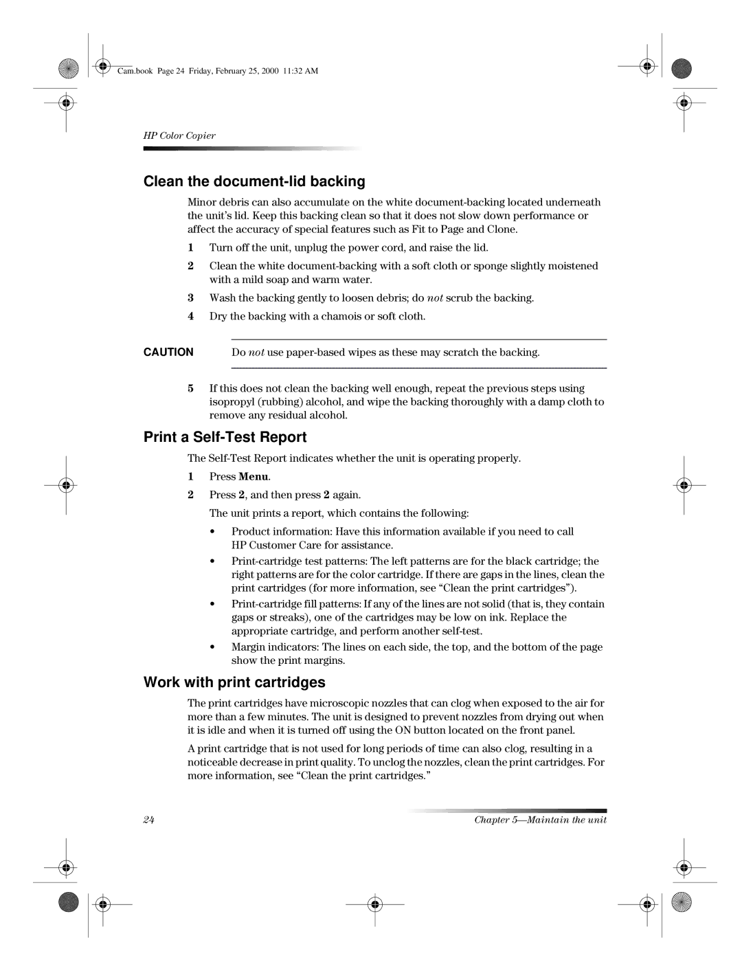 HP 110 manual Clean the document-lid backing, Print a Self-Test Report, Work with print cartridges 