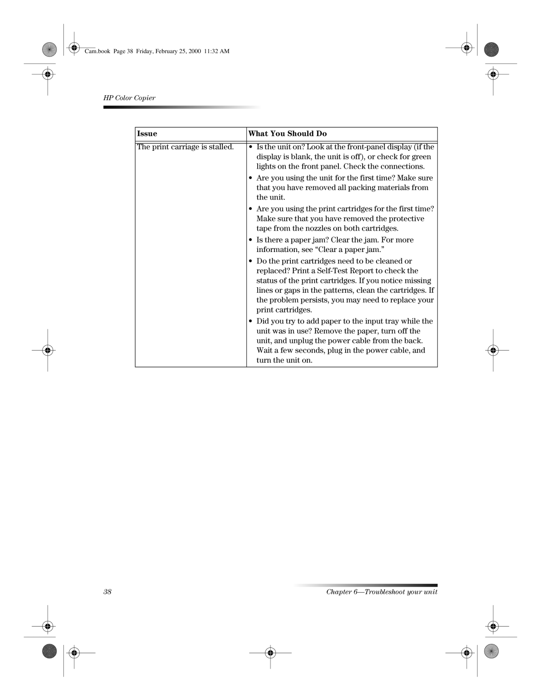 HP 110 manual Issue What You Should Do Print carriage is stalled 