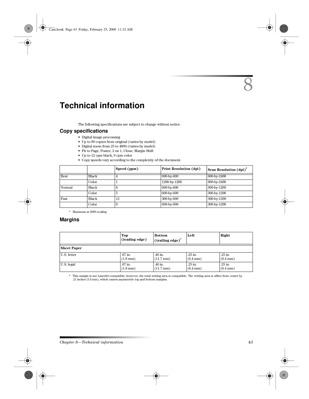 HP 110 manual Technical information, Copy specifications, Margins 