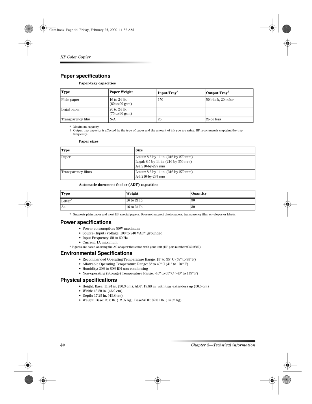 HP 110 manual Paper specifications, Power specifications, Environmental Specifications, Physical specifications 