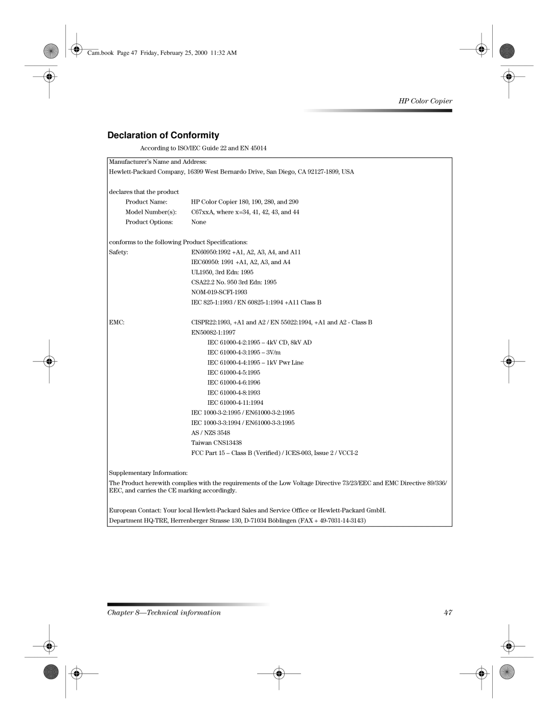 HP 110 manual Declaration of Conformity, Emc 