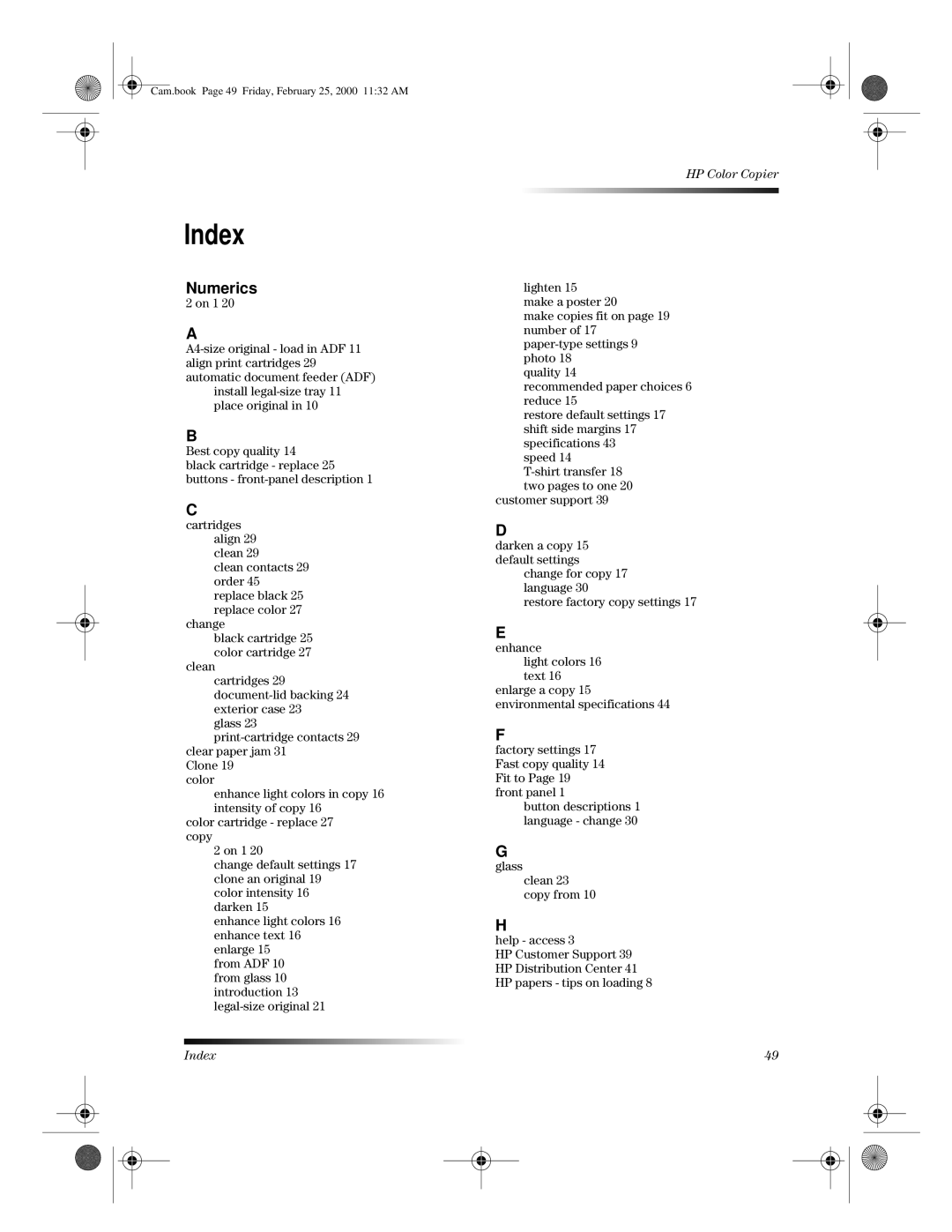 HP 110 manual Index, Numerics 