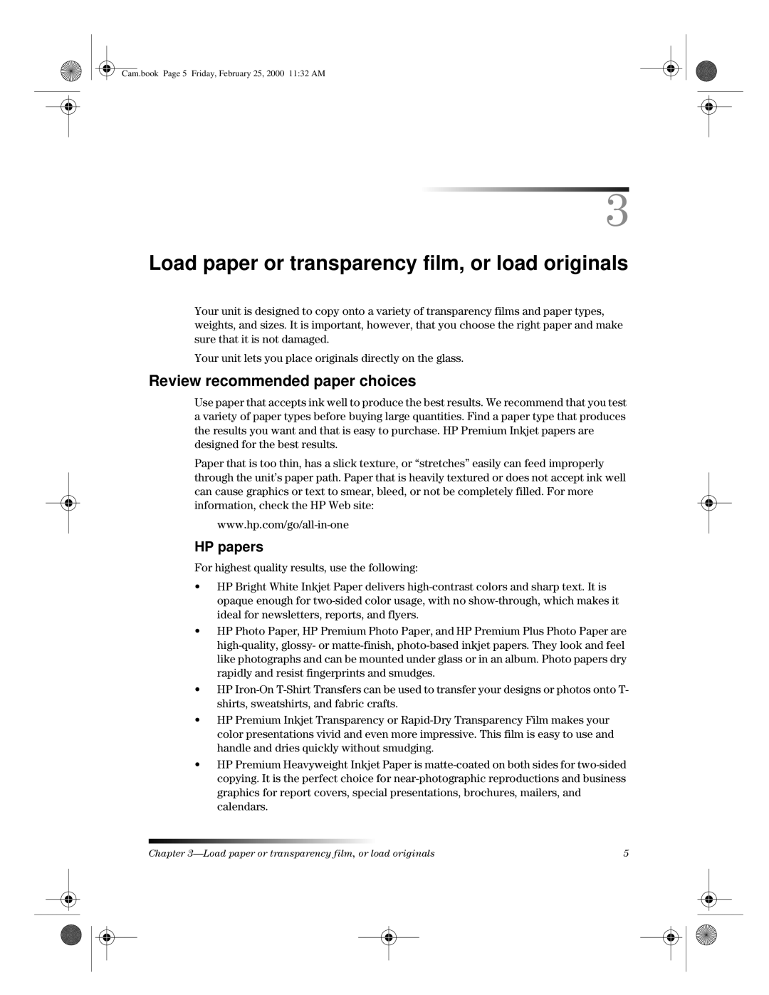 HP 110 manual Load paper or transparency film, or load originals, Review recommended paper choices, HP papers 