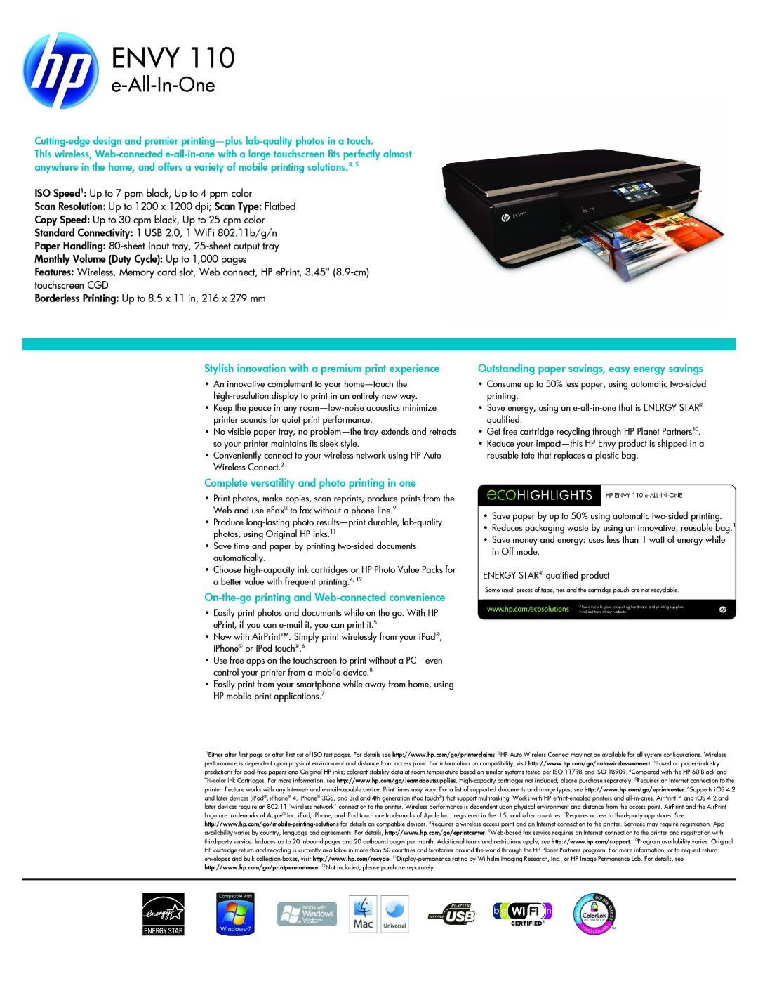 HP 110 manual Stylish innovation with a premium print experience, Outstanding paper savings, easy energy savings 