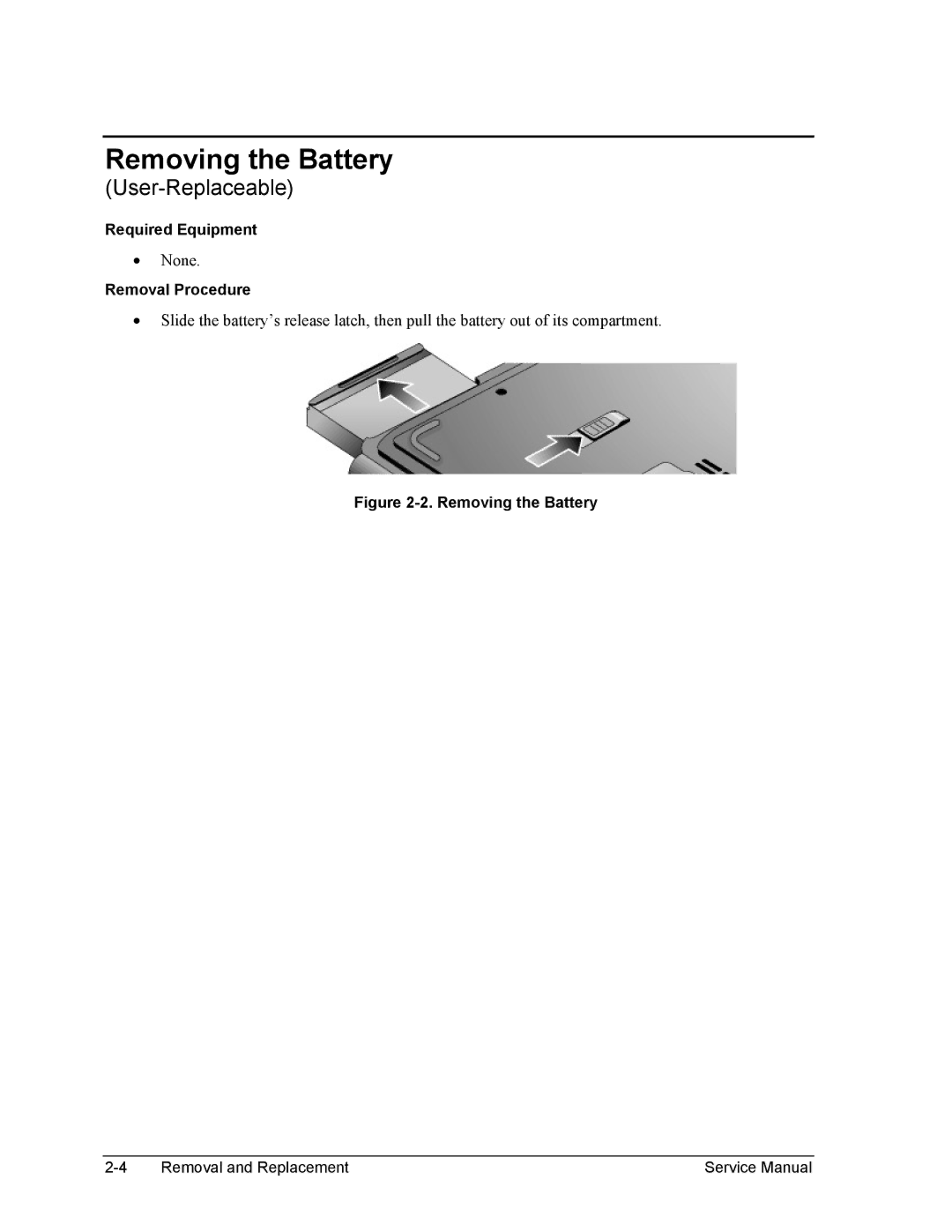 HP 1100, 2100 manual Removing the Battery, Removal Procedure 