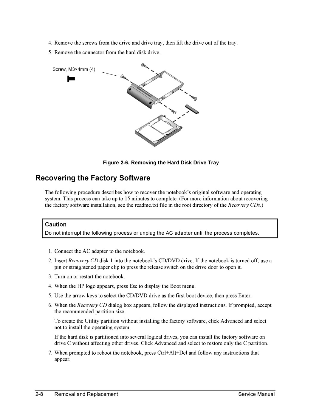 HP 1100, 2100 manual Recovering the Factory Software, Removing the Hard Disk Drive Tray 