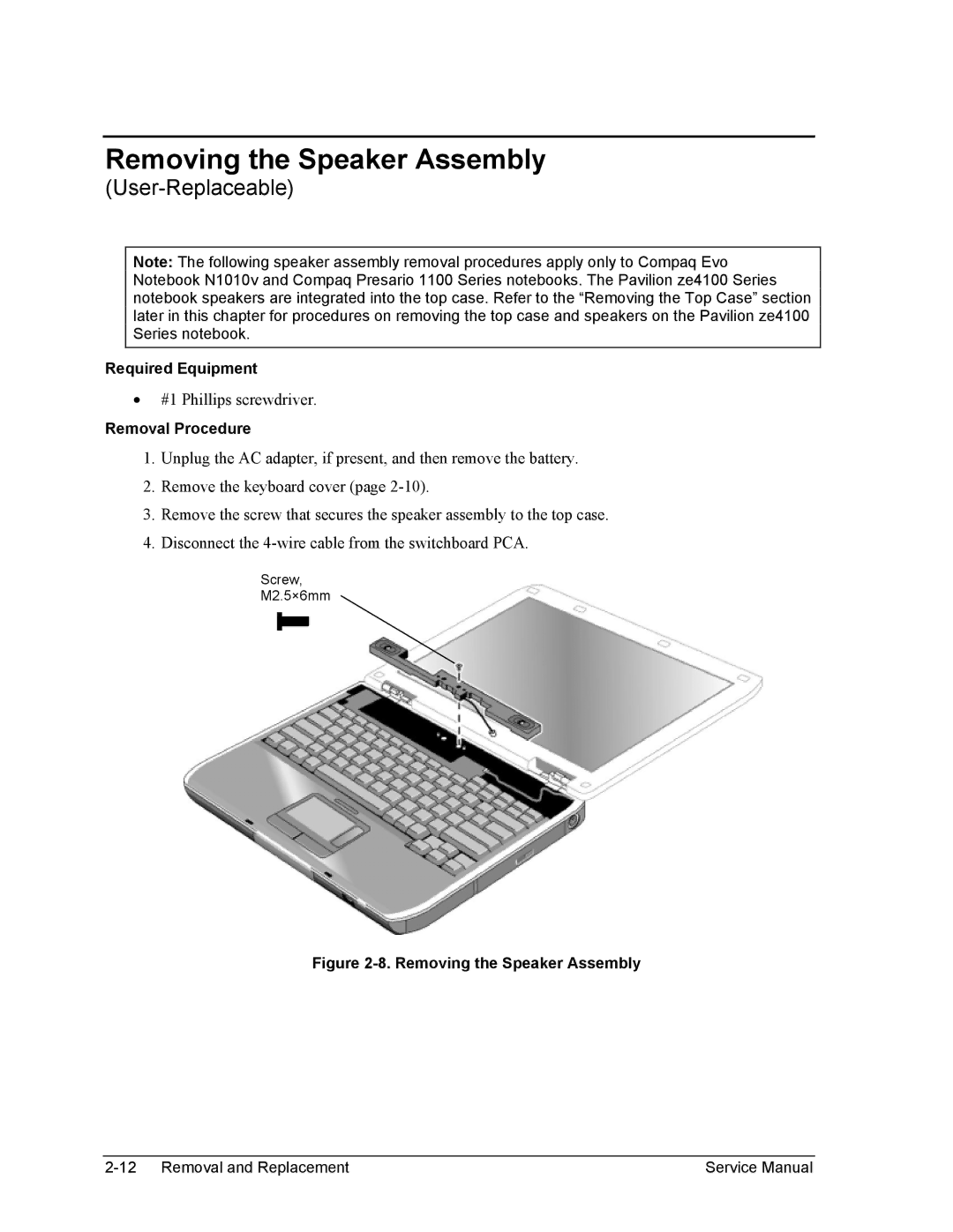 HP 1100, 2100 manual Removing the Speaker Assembly 