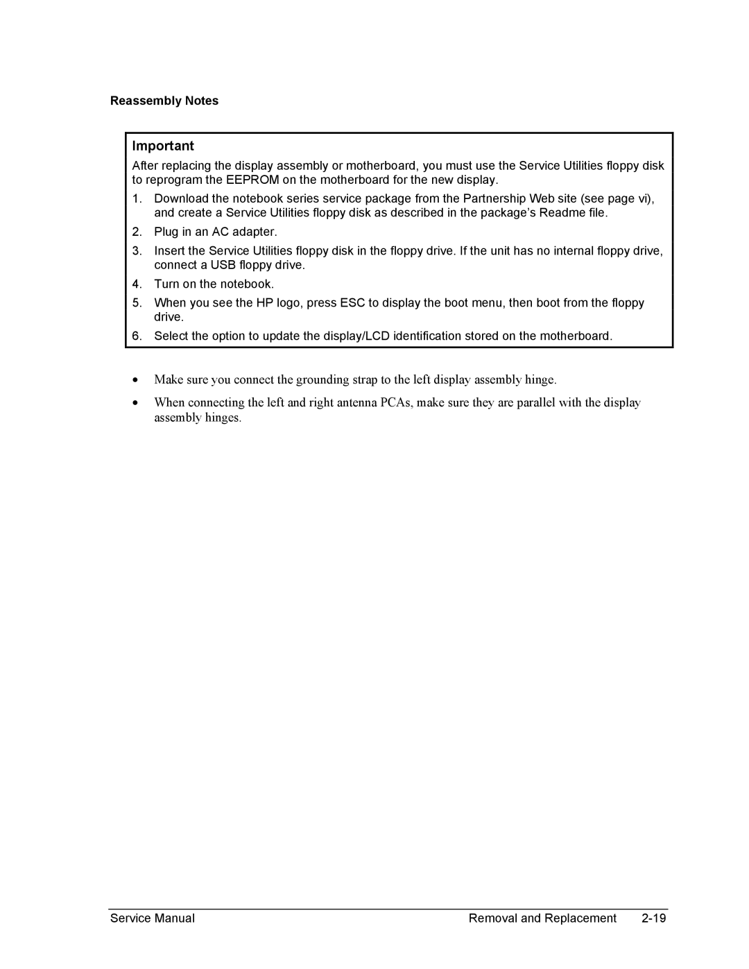 HP 2100, 1100 manual Reassembly Notes 