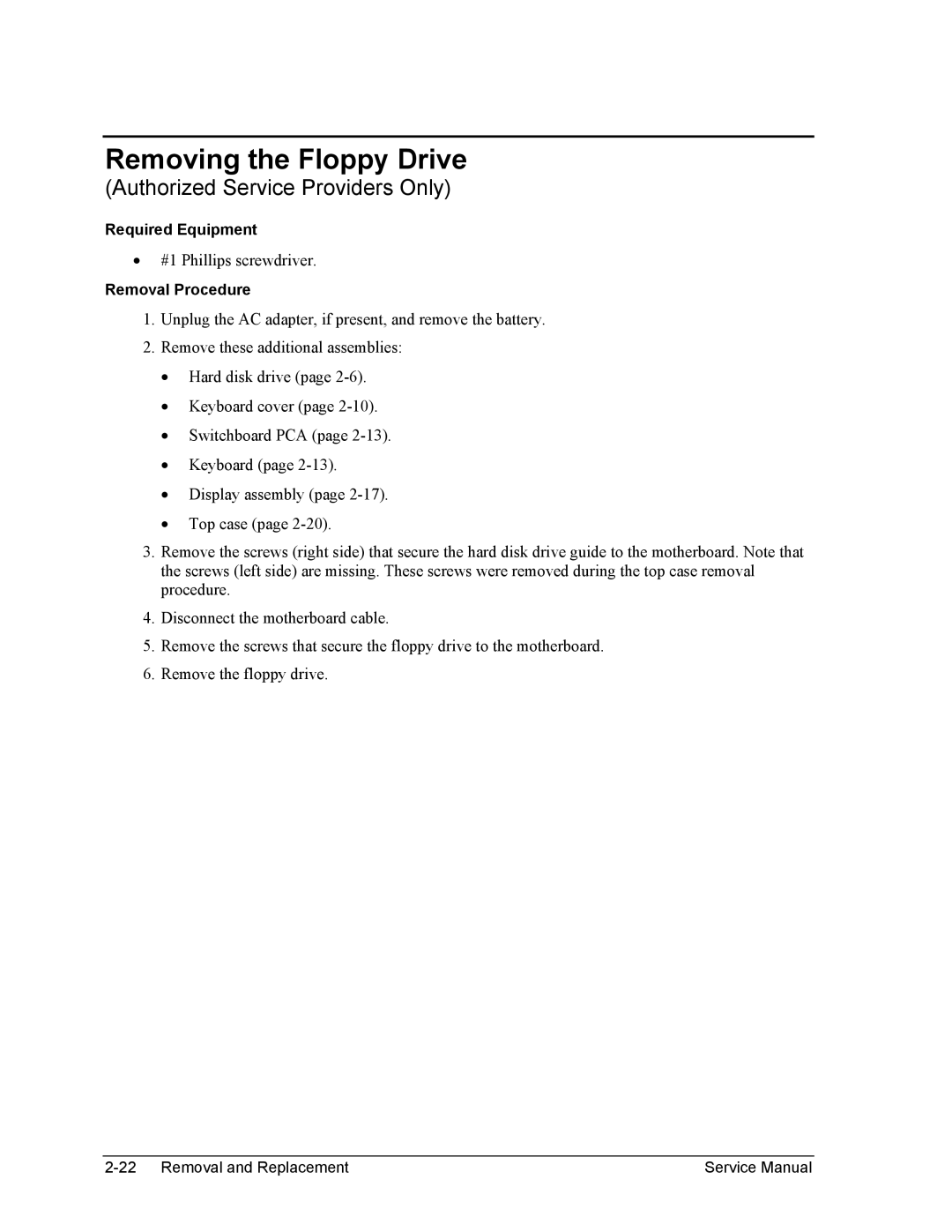 HP 1100, 2100 manual Removing the Floppy Drive 