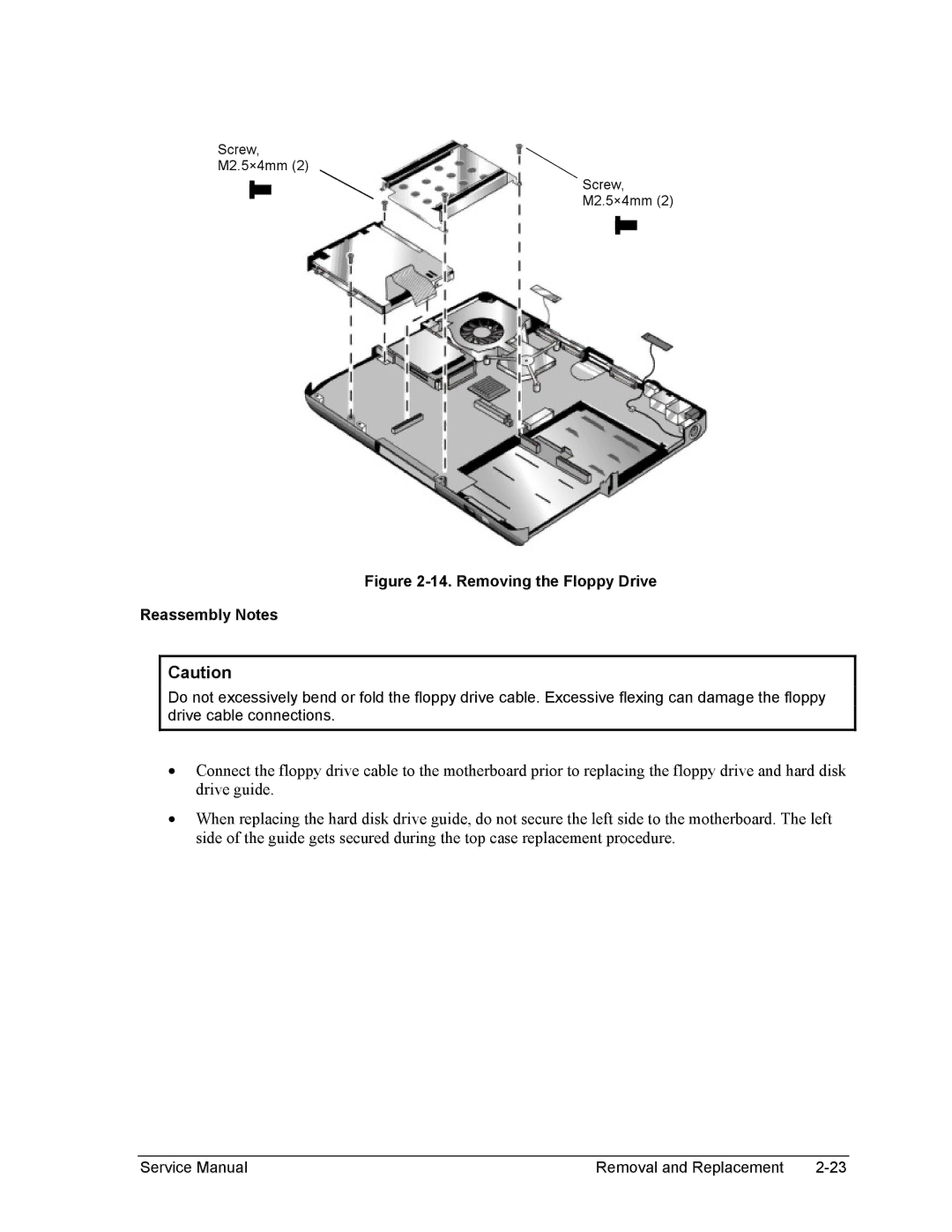 HP 2100, 1100 manual Removing the Floppy Drive Reassembly Notes 