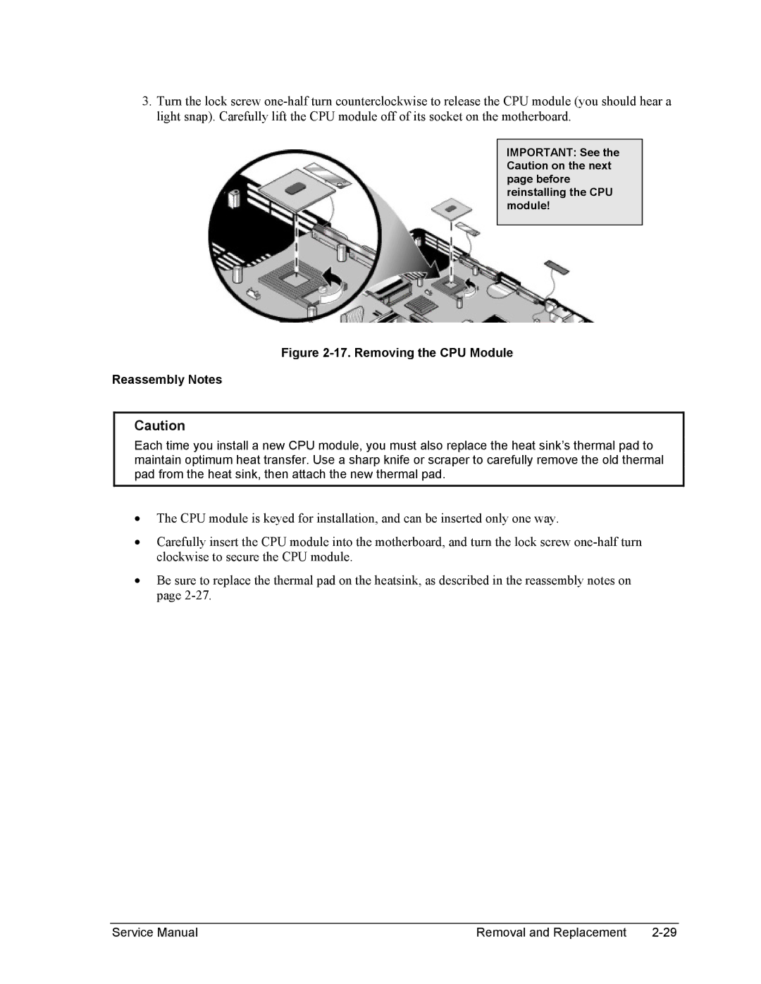 HP 2100, 1100 manual Removing the CPU Module Reassembly Notes 