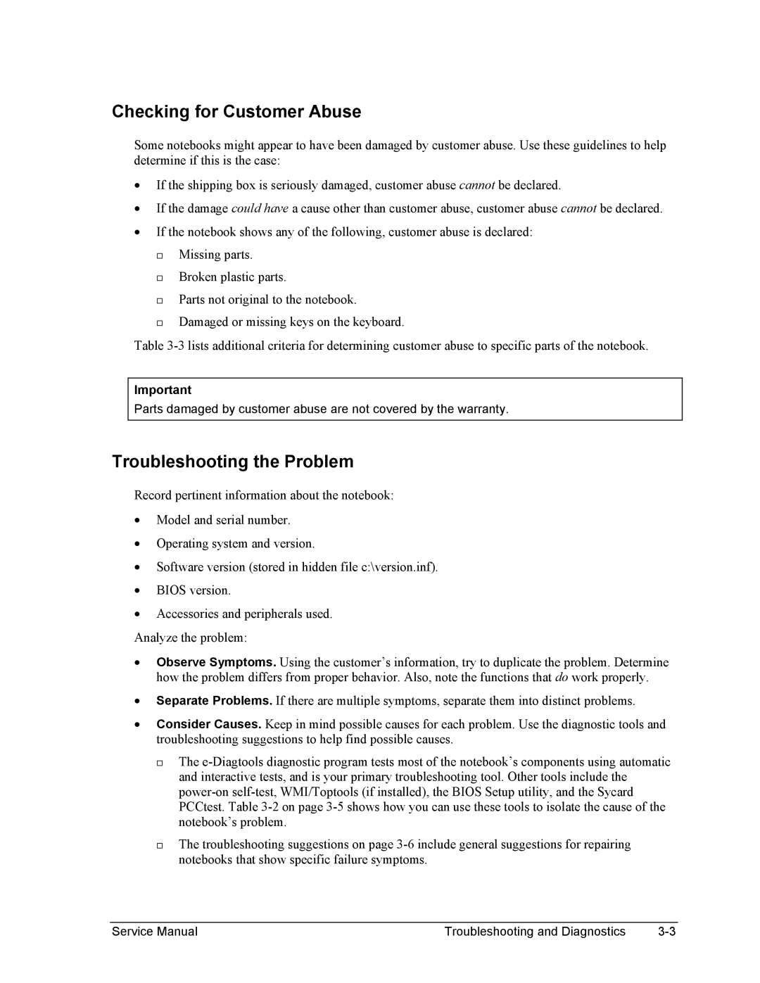 HP 1100, 2100 manual Checking for Customer Abuse, Troubleshooting the Problem 