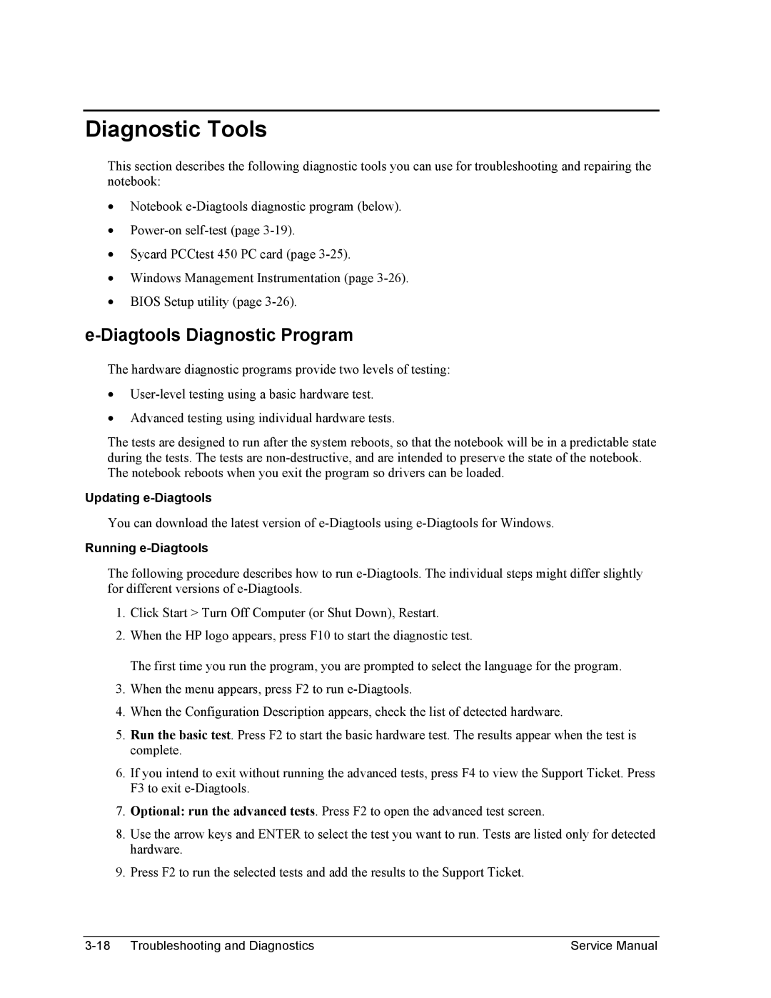 HP 2100, 1100 manual Diagnostic Tools, Diagtools Diagnostic Program, Updating e-Diagtools, Running e-Diagtools 