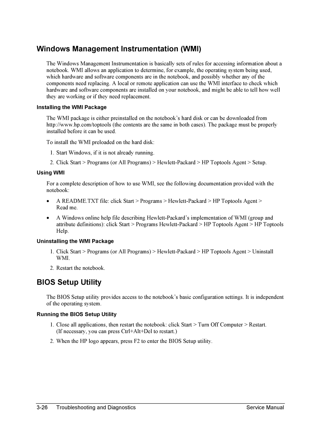 HP 2100, 1100 manual Windows Management Instrumentation WMI, Bios Setup Utility 