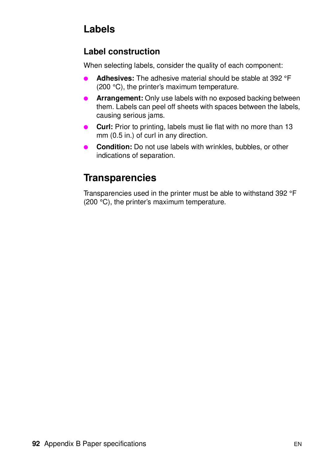 HP 1100 manual Labels, Transparencies, Label construction 