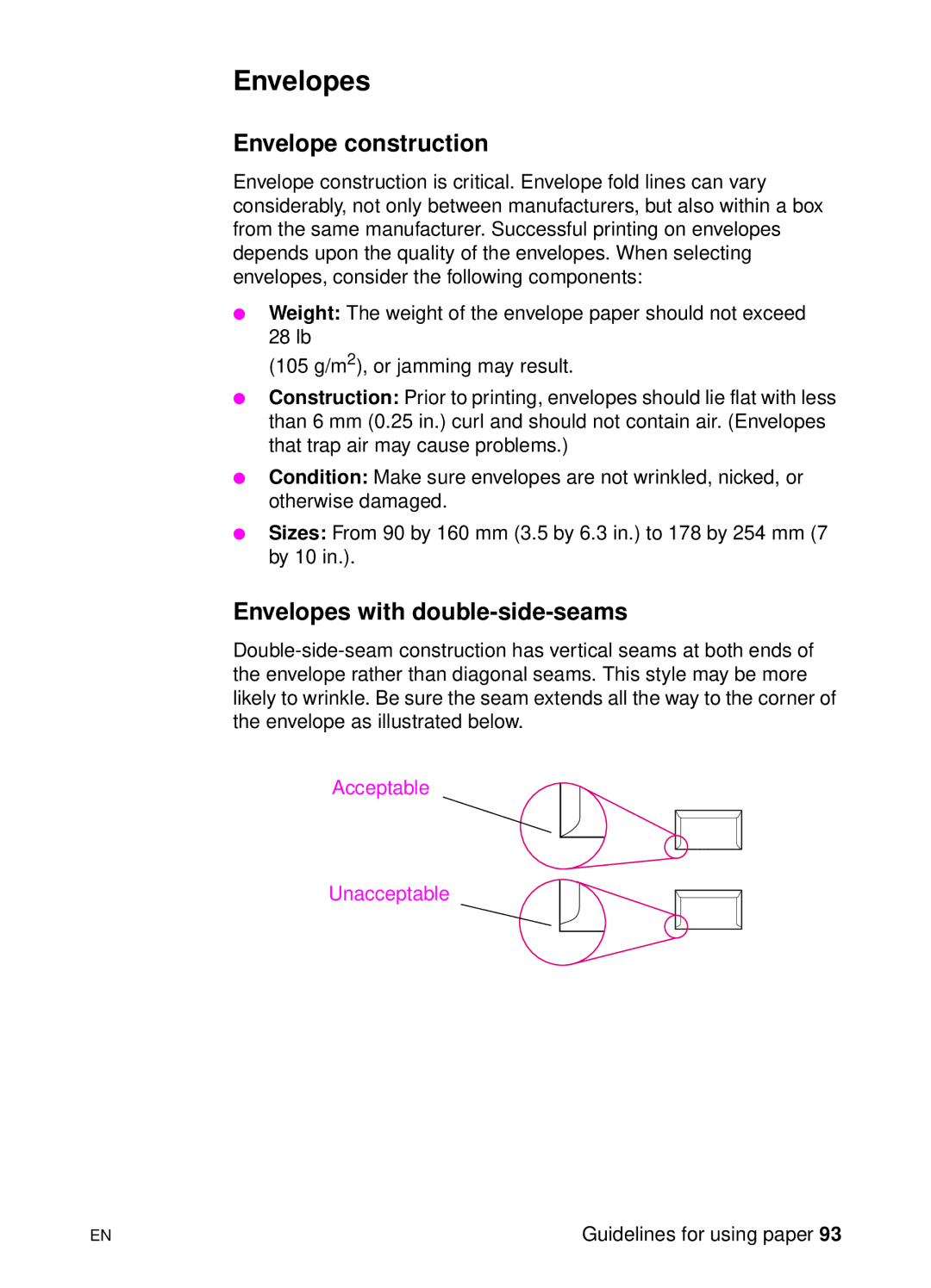 HP 1100 manual Envelope construction, Envelopes with double-side-seams 