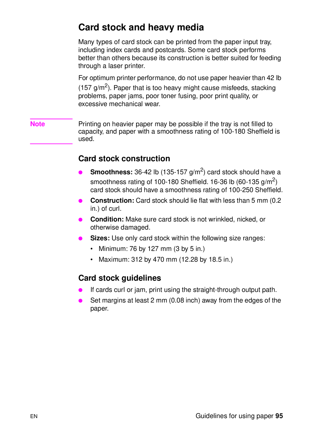 HP 1100 manual Card stock and heavy media, Card stock construction, Card stock guidelines 