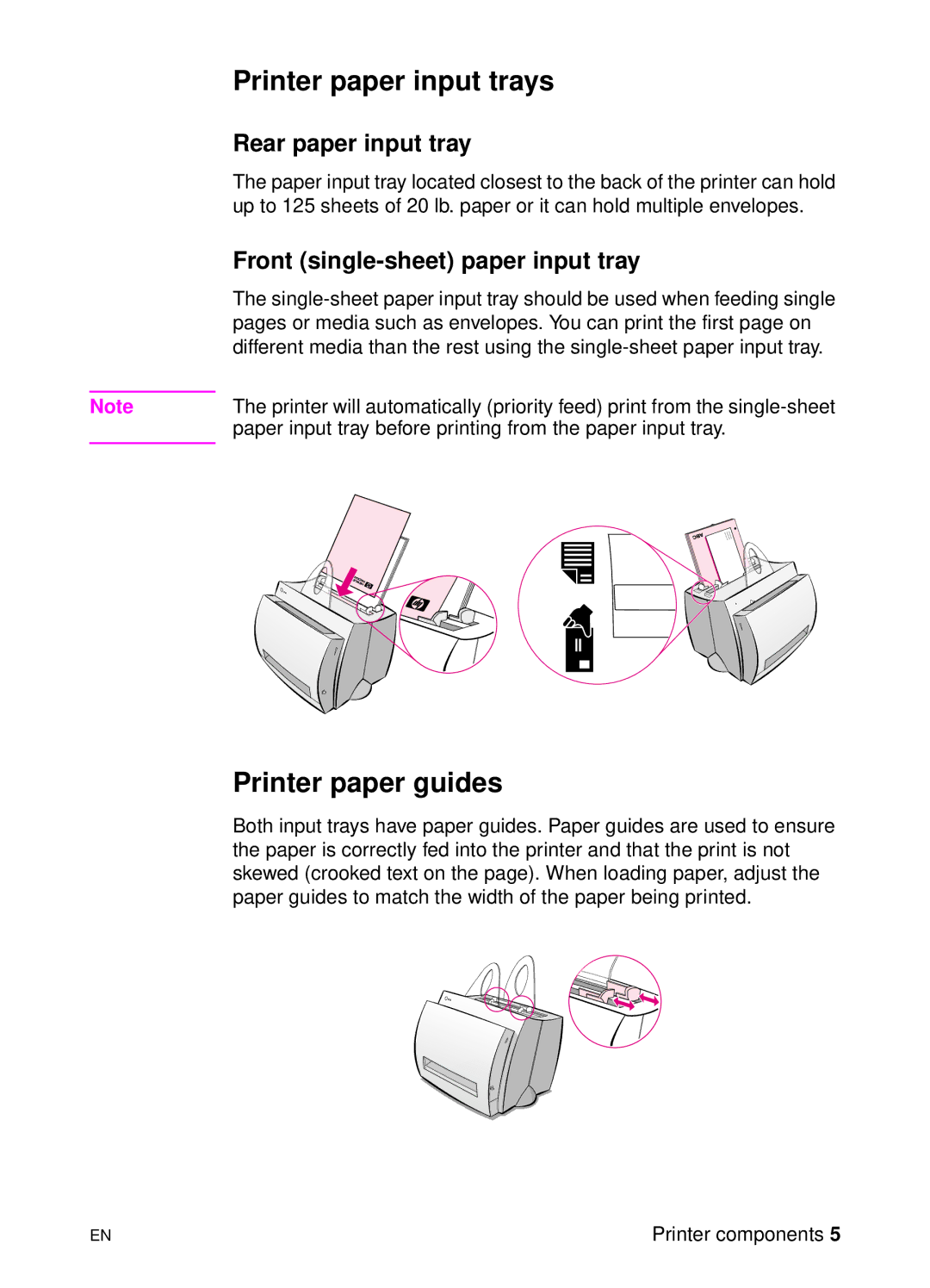 HP 1100 manual Printer paper input trays, Printer paper guides, Rear paper input tray, Front single-sheet paper input tray 