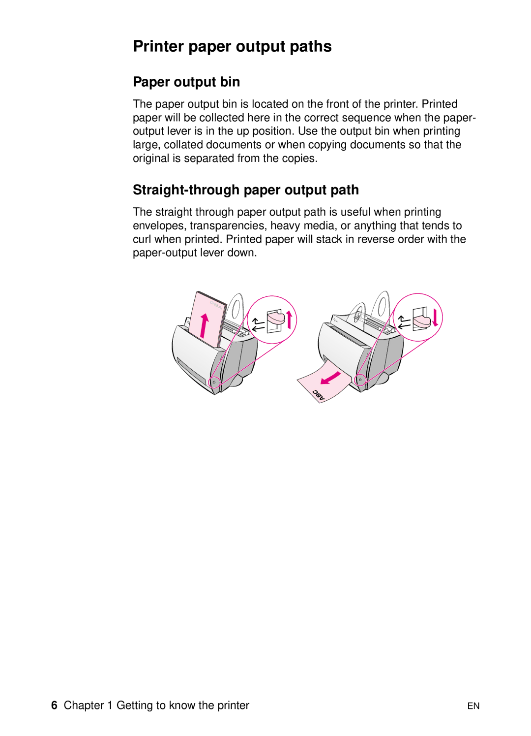 HP 1100 manual Printer paper output paths, Paper output bin, Straight-through paper output path 